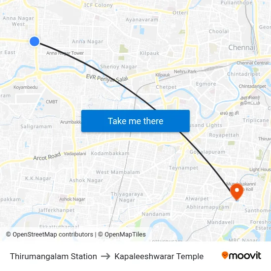 Thirumangalam Station to Kapaleeshwarar Temple map