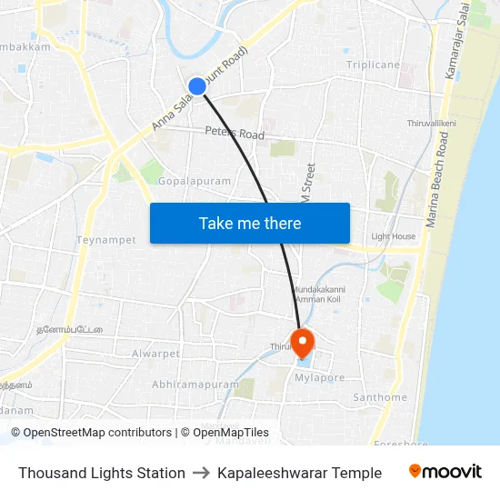 Thousand Lights Station to Kapaleeshwarar Temple map
