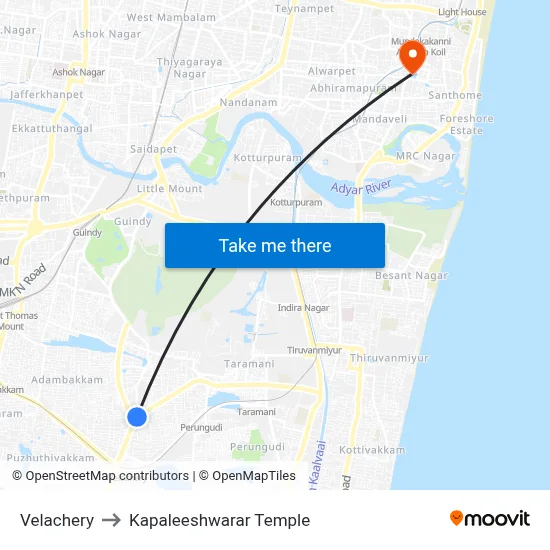 Velachery to Kapaleeshwarar Temple map