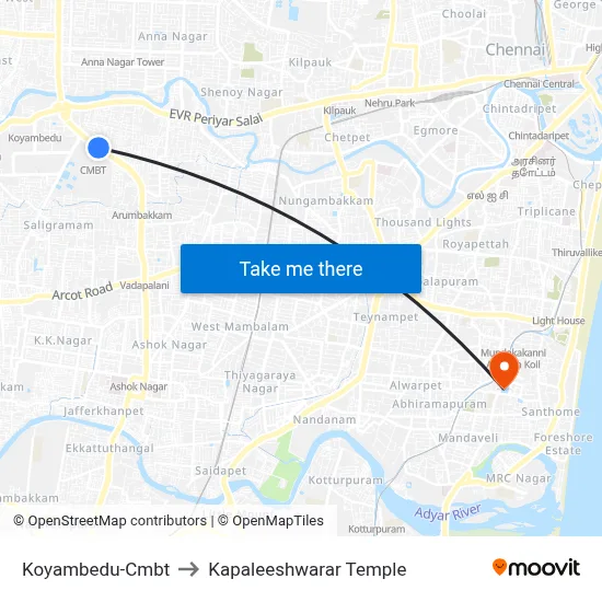 Koyambedu-Cmbt to Kapaleeshwarar Temple map