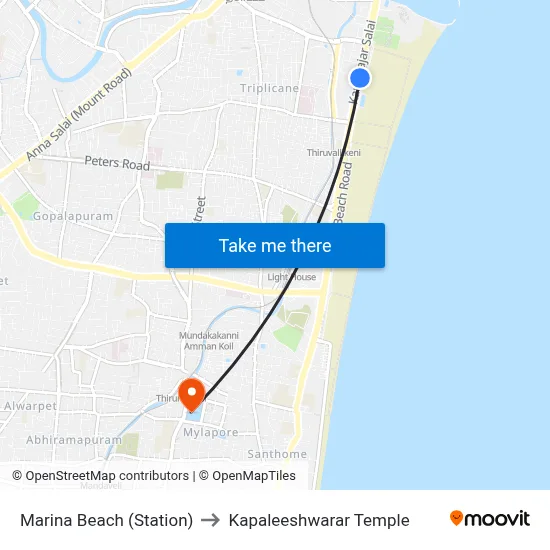 Marina Beach (Station) to Kapaleeshwarar Temple map
