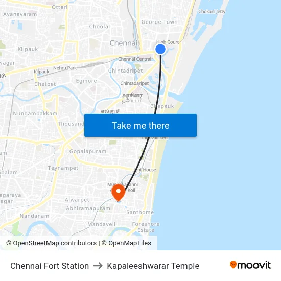 Chennai Fort Station to Kapaleeshwarar Temple map