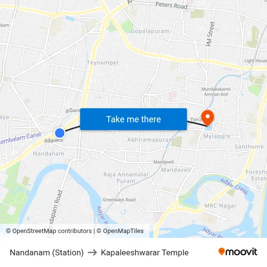 Nandanam (Station) to Kapaleeshwarar Temple map