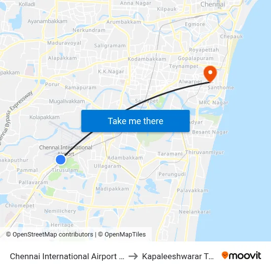 Chennai International Airport Station to Kapaleeshwarar Temple map