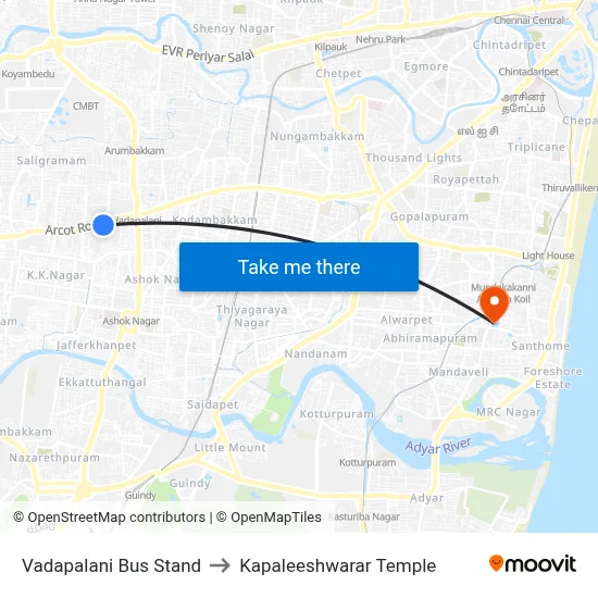 Vadapalani Bus Stand to Kapaleeshwarar Temple map