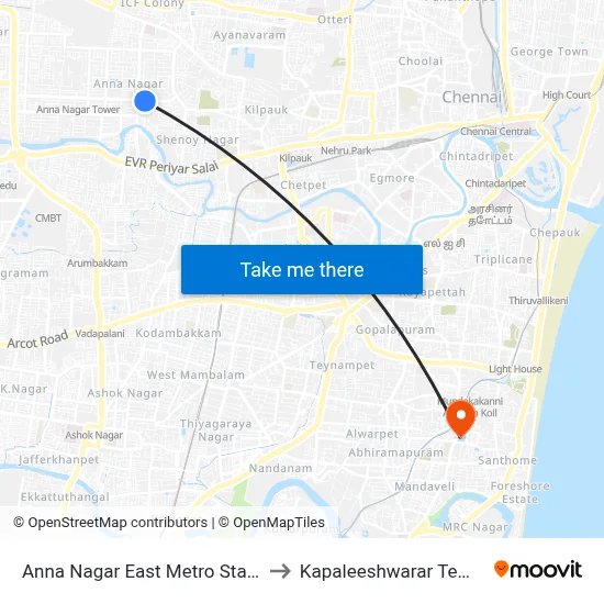 Anna Nagar East Metro Station to Kapaleeshwarar Temple map