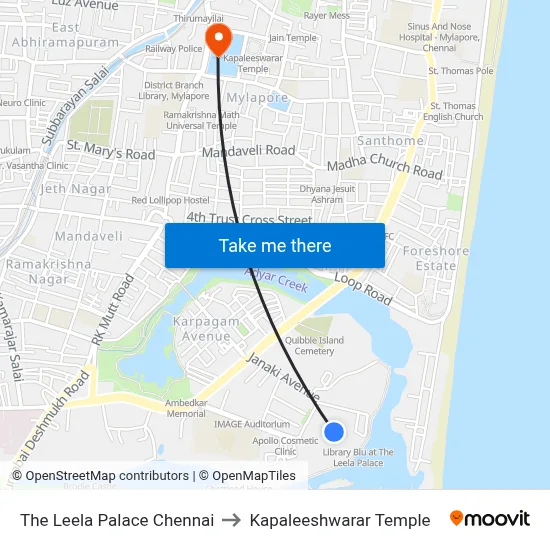 The Leela Palace Chennai to Kapaleeshwarar Temple map
