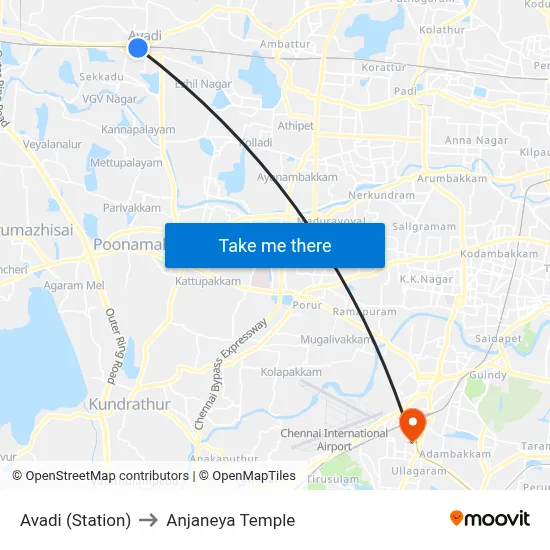 Avadi (Station) to Anjaneya Temple map