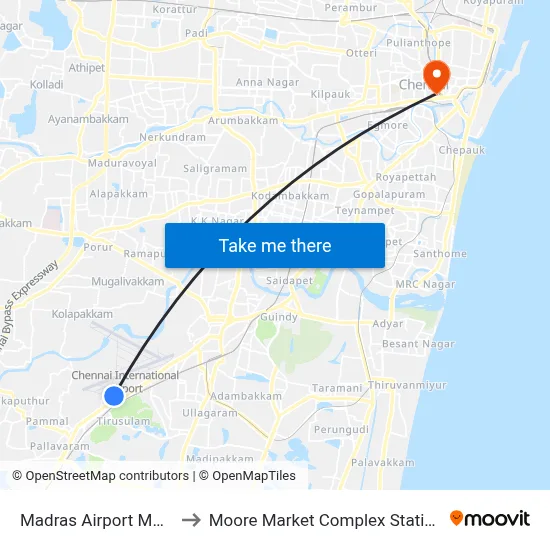Madras Airport MAA to Moore Market Complex Station map