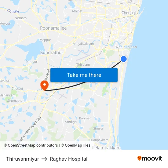 Thiruvanmiyur to Raghav Hospital map