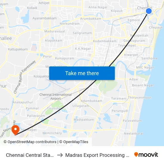 Chennai Central Station to Madras Export Processing Zone map