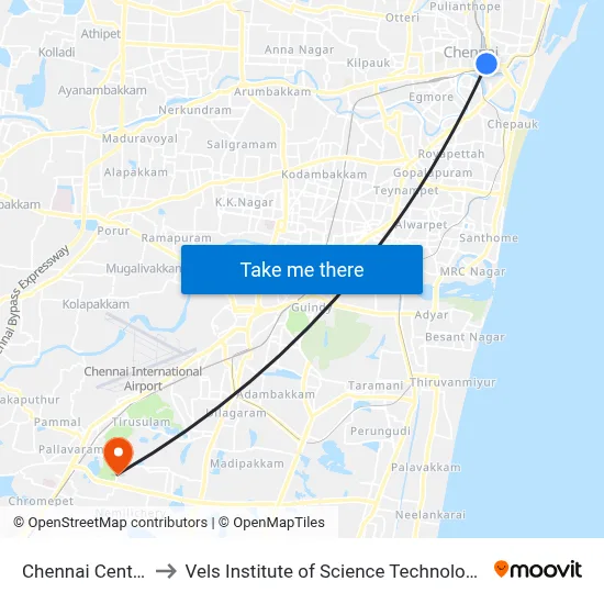 Chennai Central Station to Vels Institute of Science Technology & Advanced Studies map