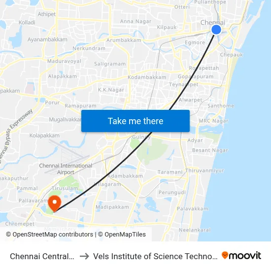 Chennai Central Metro Station to Vels Institute of Science Technology & Advanced Studies map