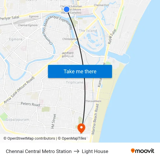 Chennai Central Metro Station to Light House map