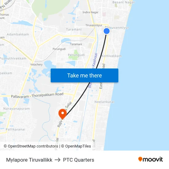 Mylapore Tiruvallikk to PTC Quarters map