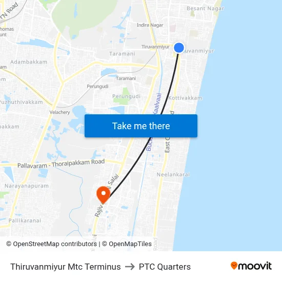 Thiruvanmiyur Mtc Terminus to PTC Quarters map