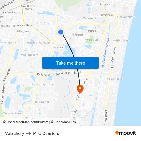 Velachery to PTC Quarters map