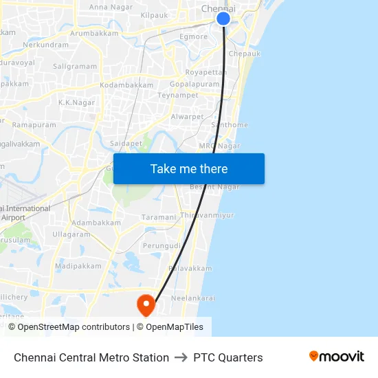 Chennai Central Metro Station to PTC Quarters map