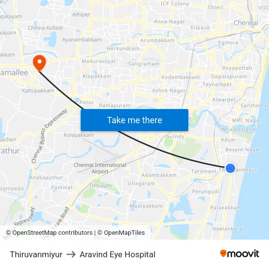 Thiruvanmiyur to Aravind Eye Hospital map