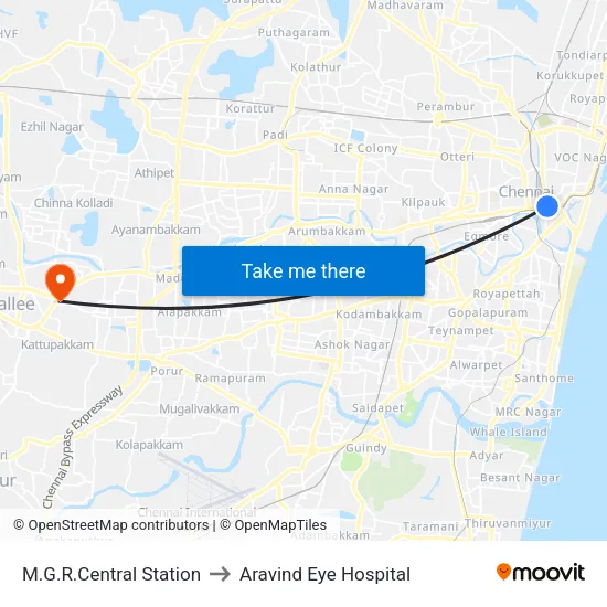 M.G.R.Central Station to Aravind Eye Hospital map