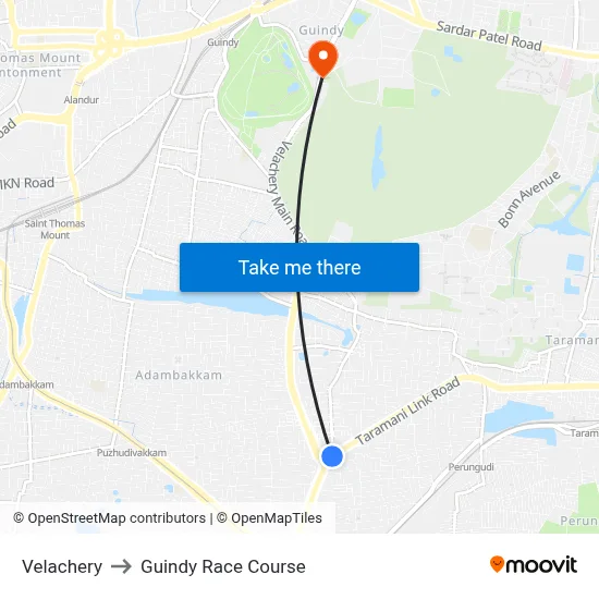 Velachery to Guindy Race Course map