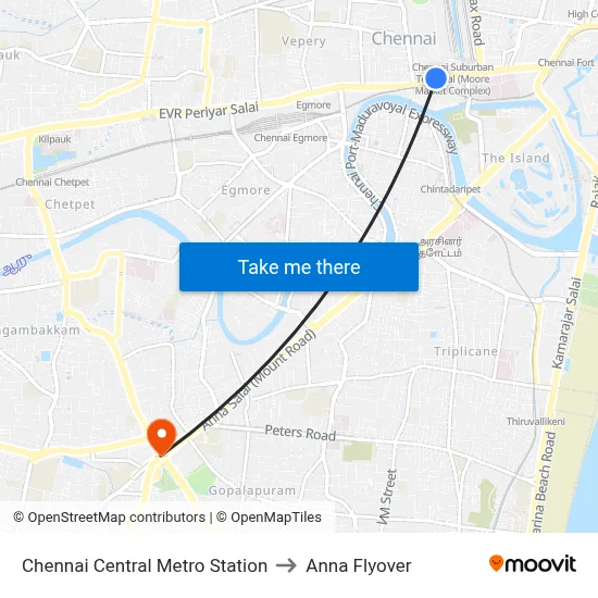 Chennai Central Metro Station to Anna Flyover map