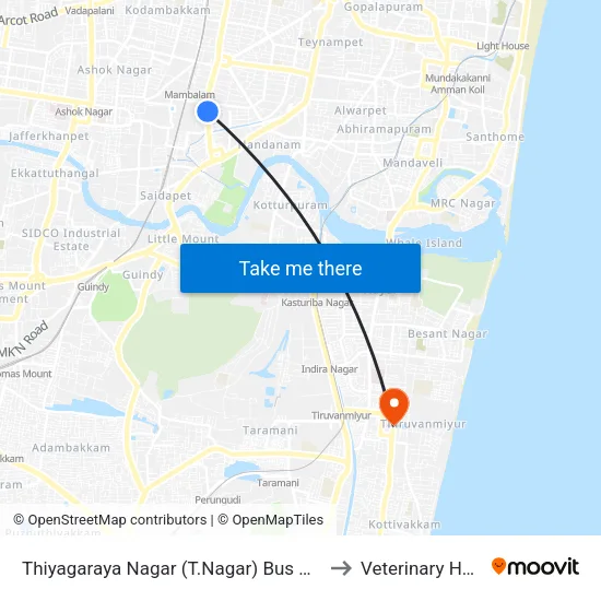Thiyagaraya Nagar (T.Nagar) Bus Depot Corner to Veterinary Hospital map