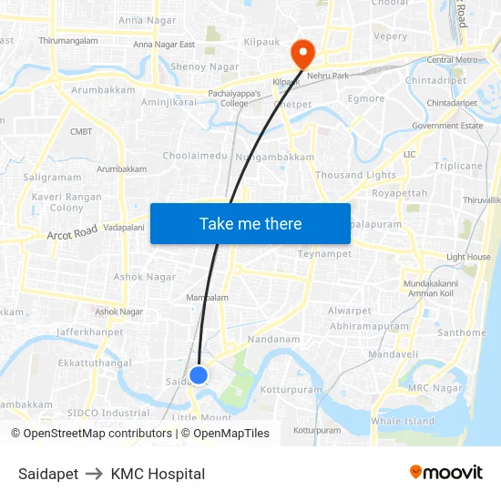 Saidapet to KMC Hospital map