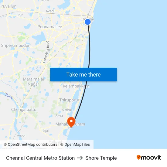 Chennai Central Metro Station to Shore Temple map