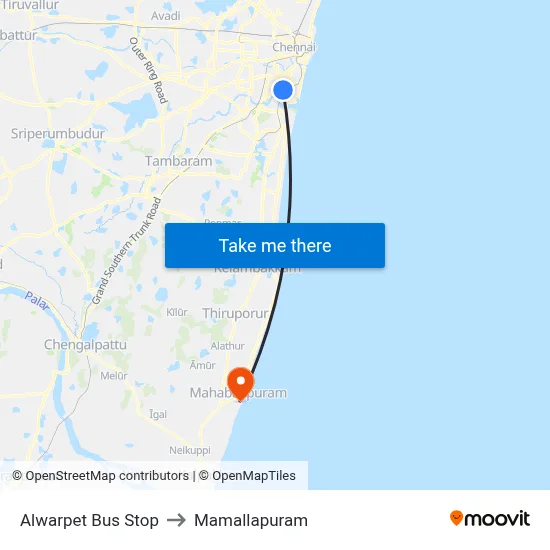 Alwarpet Bus Stop to Mamallapuram map