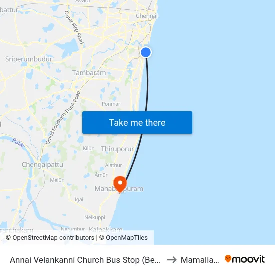 Annai Velankanni Church Bus Stop (Besant Nagar Chruch) to Mamallapuram map