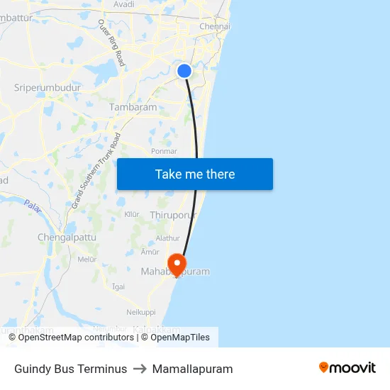 Guindy Bus Terminus to Mamallapuram map
