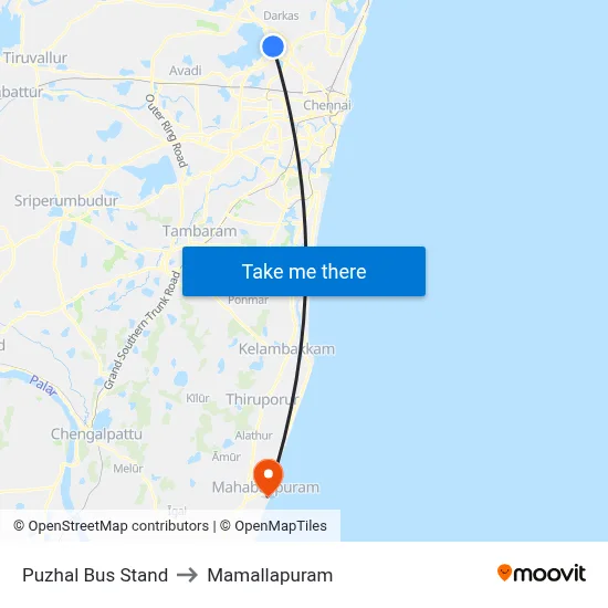 Puzhal Bus Stand to Mamallapuram map