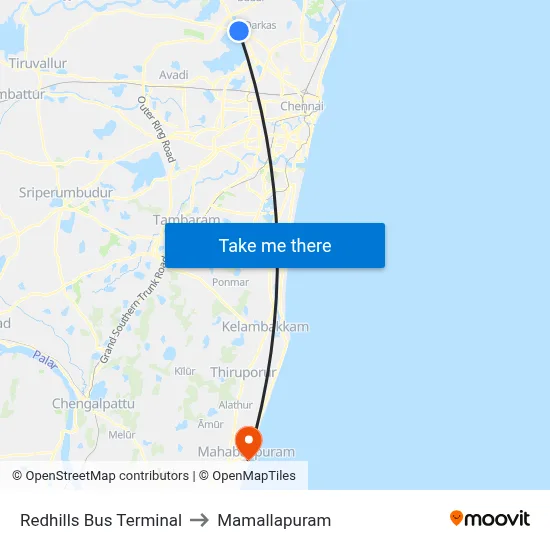 Redhills Bus Terminal to Mamallapuram map