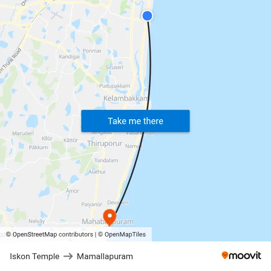 Iskon Temple to Mamallapuram map