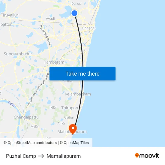 Puzhal Camp to Mamallapuram map