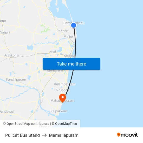 Pulicat Bus Stand to Mamallapuram map