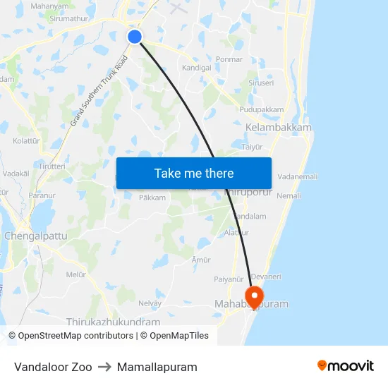 Vandaloor Zoo to Mamallapuram map
