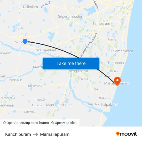 Kanchipuram to Mamallapuram map