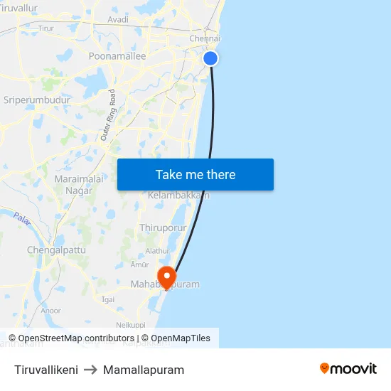 Tiruvallikeni to Mamallapuram map