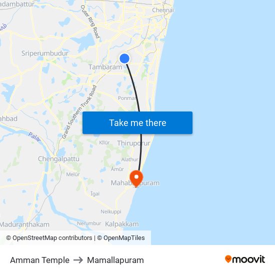 Amman Temple to Mamallapuram map