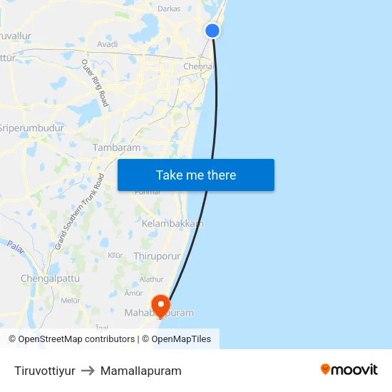 Tiruvottiyur to Mamallapuram map