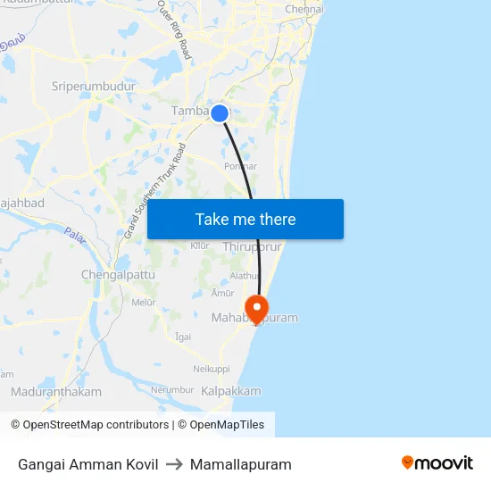 Gangai Amman Kovil to Mamallapuram map
