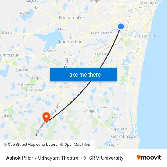 Ashok Pillar / Udhayam Theatre to SRM University map