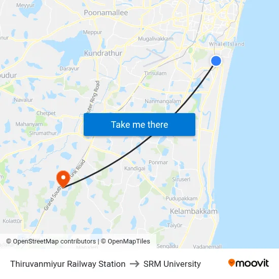 Thiruvanmiyur Railway Station to SRM University map