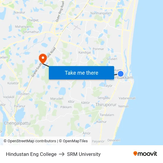 Hindustan Eng College to SRM University map