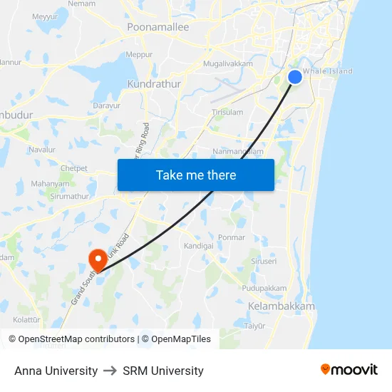 Anna University to SRM University map