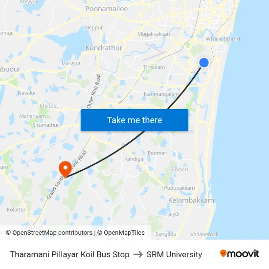 Tharamani Pillayar Koil Bus Stop to SRM University map