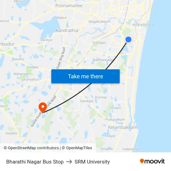 Bharathi Nagar Bus Stop to SRM University map
