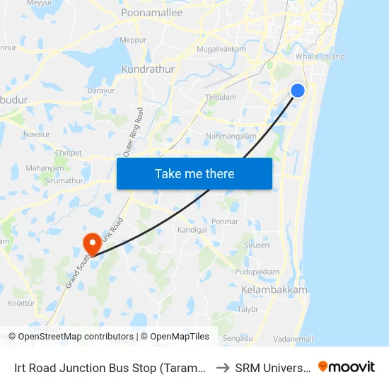 Irt Road Junction Bus Stop (Taramani) to SRM University map